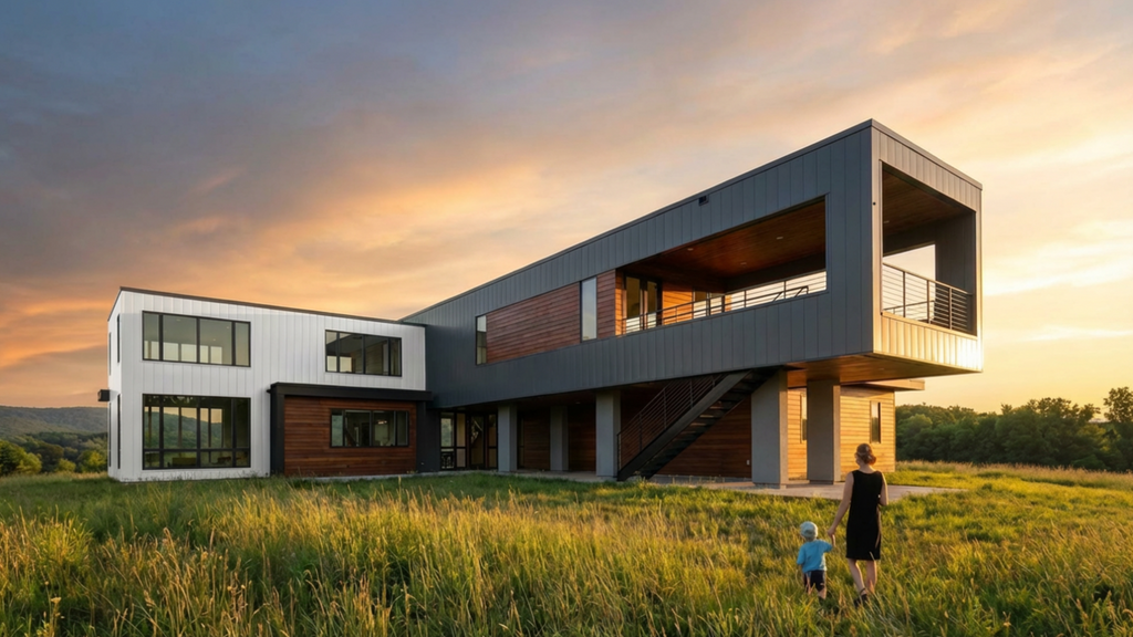 Exterior view of the Brunswick House designed with architecture+, captured at sunset. The modern two‑story home features a dramatic cantilevered upper level supported by columns, creating a sheltered outdoor deck and elevated vantage point over the surrounding landscape. The façade combines dark and white vertical siding with warm wood accents, while large windows highlight the clean, contemporary aesthetic set within an open grassy site.