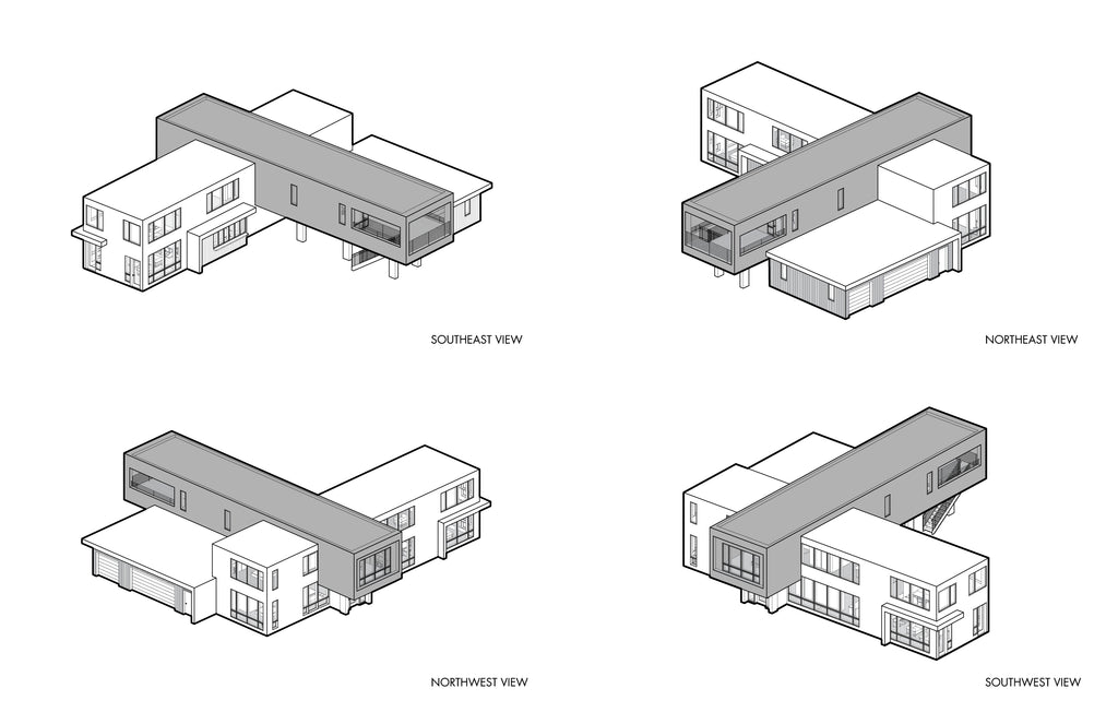Set of four isometric architectural renderings of the Brunswick House designed with architecture+, showing southeast, northeast, northwest, and southwest perspectives. The images highlight the home’s dramatic cantilevered upper level, column-supported elevation, large window openings, and intersecting modern volumes. Each orientation emphasizes the clean geometric massing and contemporary material palette that define the project’s connection to its natural site.