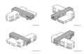 Set of four isometric architectural renderings of the Brunswick House designed with architecture+, showing southeast, northeast, northwest, and southwest perspectives. The images highlight the home’s dramatic cantilevered upper level, column-supported elevation, large window openings, and intersecting modern volumes. Each orientation emphasizes the clean geometric massing and contemporary material palette that define the project’s connection to its natural site.