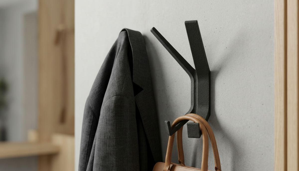 Black Garuda X wall-mounted coat rack with a gray coat and brown handbag against a white wall.
