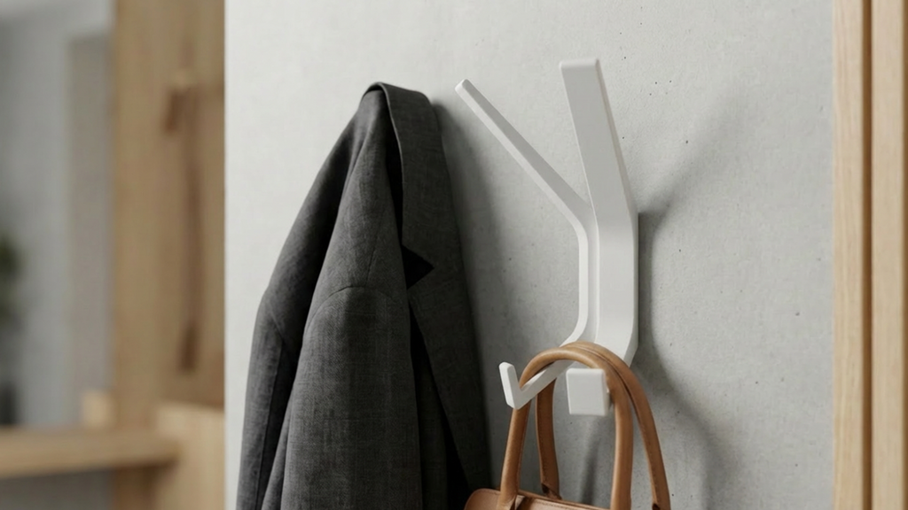 White Garuda X wall hooks with a coat and bag on a light gray wall.