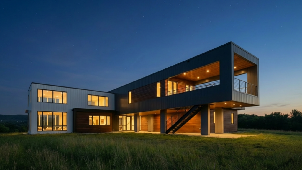Exterior view of the Brunswick House designed with architecture+, showing a modern two‑story structure with a dramatic cantilevered upper level that shelters an outdoor deck. The home features large windows, dark and white vertical siding, and warm wood accents. Evening lighting highlights the clean geometric lines and the elevated vantage point overlooking the surrounding landscape.