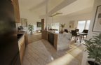 Interior view of the Niskayuna kitchen renovation showing a contemporary interpretation of Mid‑Century design. The space features warm wood cabinetry, a marble island with integrated appliances, pendant lights, and a refined material palette that balances clean modern lines with functional warmth. Large windows bring natural light into both the kitchen and dining area, where dark upholstered chairs and curated artwork reinforce the project’s cohesive, updated aesthetic.