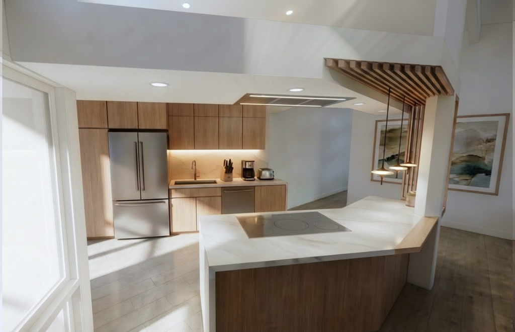 Interior view of the Niskayuna kitchen renovation showing a contemporary take on Mid‑Century design. The space features light wood cabinetry, a marble island with an integrated cooktop, and pendant lights suspended from a slatted wood ceiling detail. Modern appliances, clean lines, and a refined material palette create a warm, functional anchor that bridges the home’s original character with an updated, livable aesthetic.