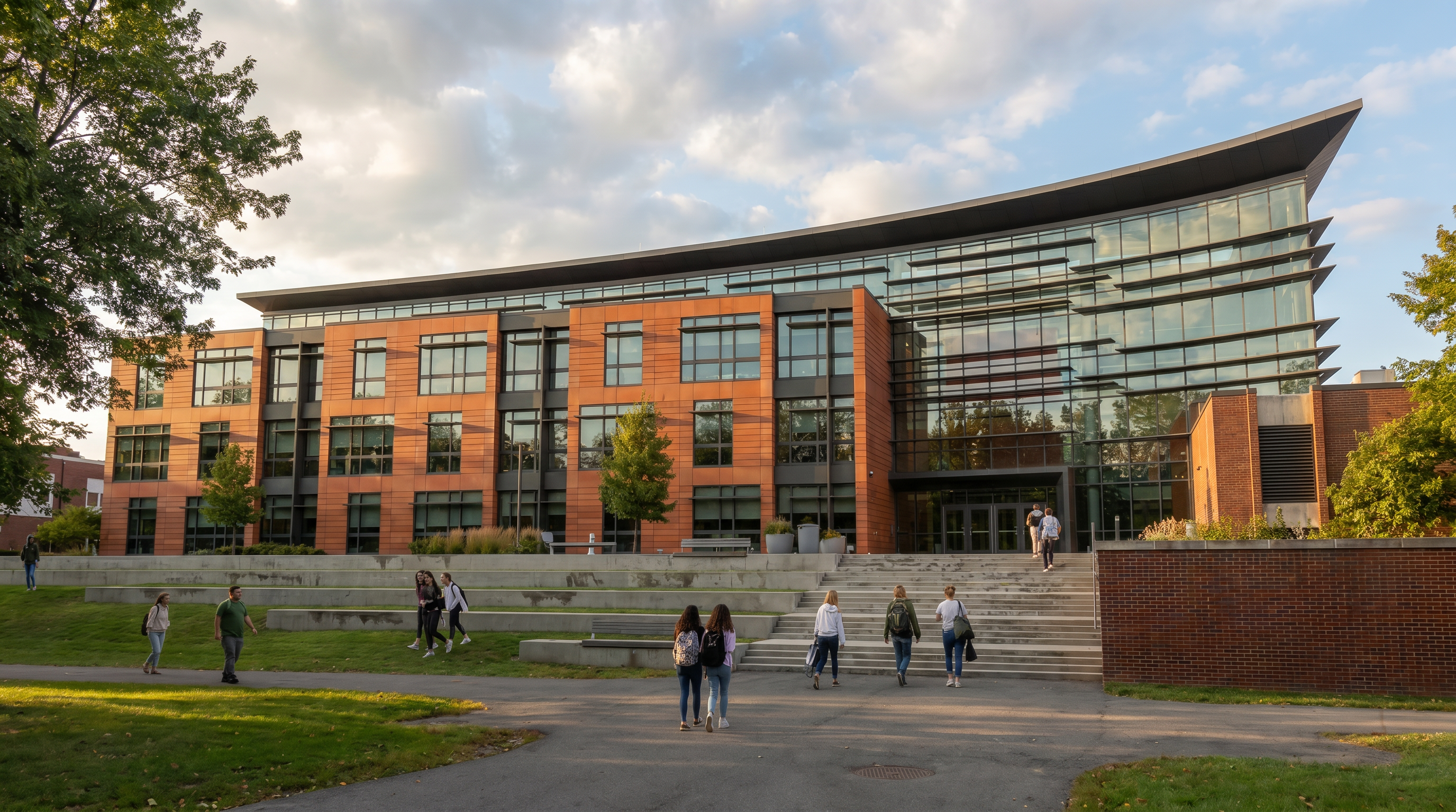 Exterior rendering of the proposed Roger Bacon Hall Addition at Siena University, designed with architecture+. The modern academic building features red brick façades, expansive glass panels, and a distinctive curved roofline that frames wide landscaped steps and campus walkways. Soft daylight highlights the building’s clean contemporary geometry while students move through the foreground, reinforcing the design’s emphasis on transparent learning environments, interdisciplinary connection, and welcoming 