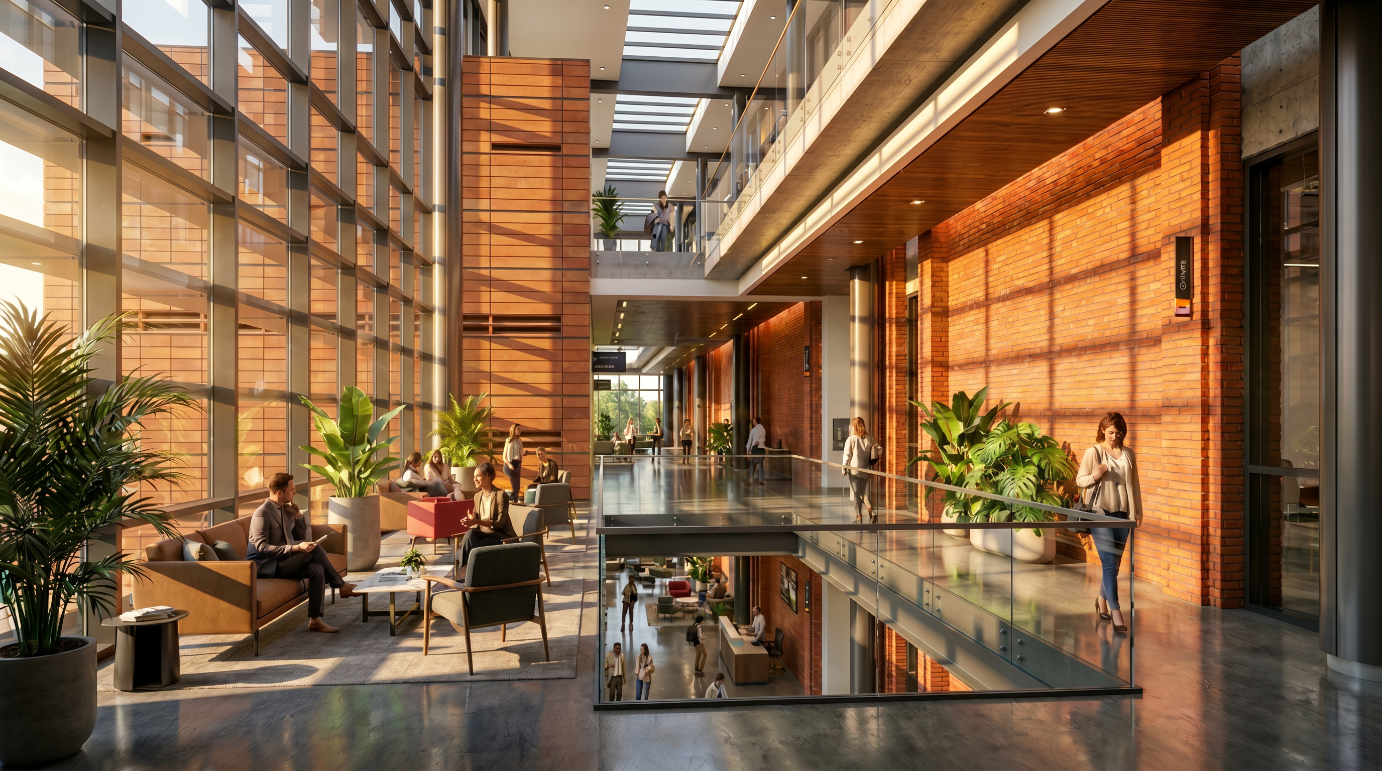 “Interior rendering of the proposed Roger Bacon Hall Addition at Siena University, designed with architecture+. The multi‑level atrium features tall glass walls that flood the space with natural light, polished concrete floors, warm wood and brick accents, and open walkways overlooking collaborative seating zones. Contemporary furniture, greenery, and framed artwork create a welcoming environment that supports interdisciplinary interaction and modern academic life.