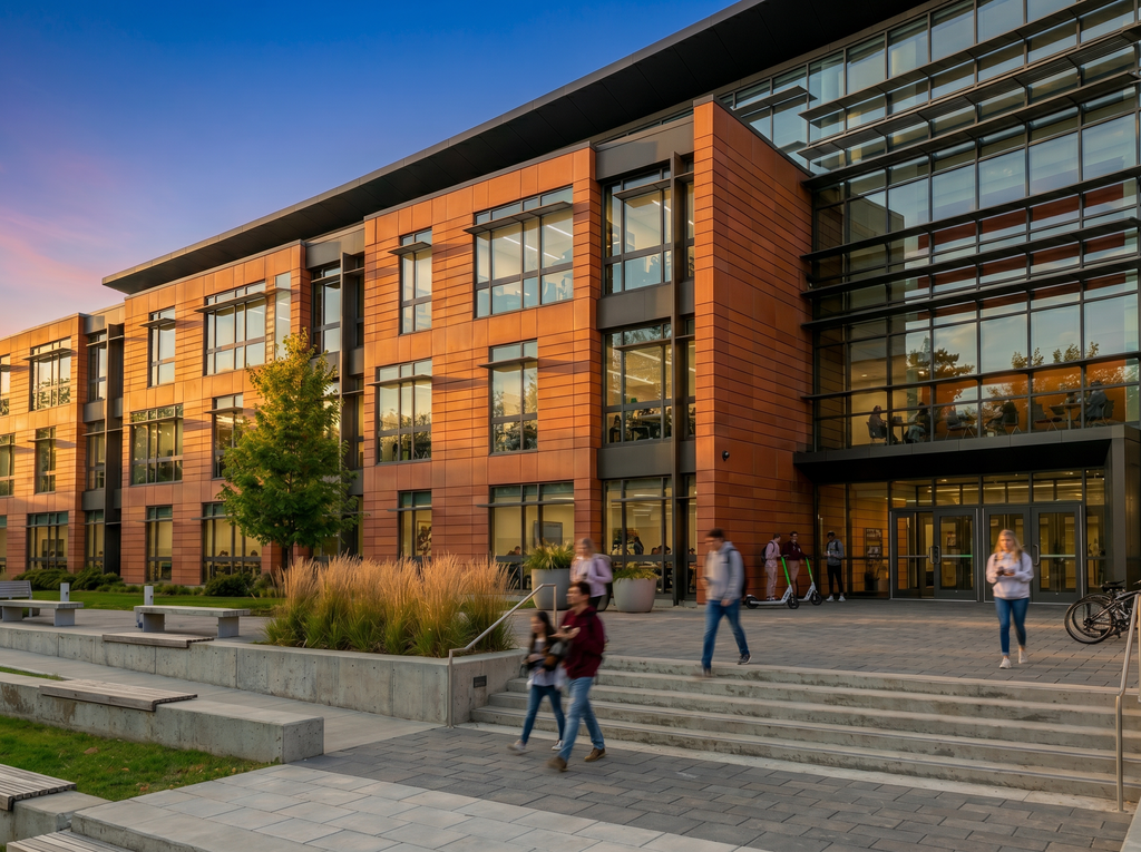 Exterior rendering of the proposed Roger Bacon Hall Addition at Siena University, designed with architecture+. The modern academic building features a mix of reddish‑brown brick and expansive glass façades, landscaped steps, benches, and ornamental grasses that frame active campus circulation. Captured at sunset with warm light reflecting across the pavement, the design emphasizes clean contemporary lines, transparent learning environments and welcoming connection points support interdisciplinary engagement