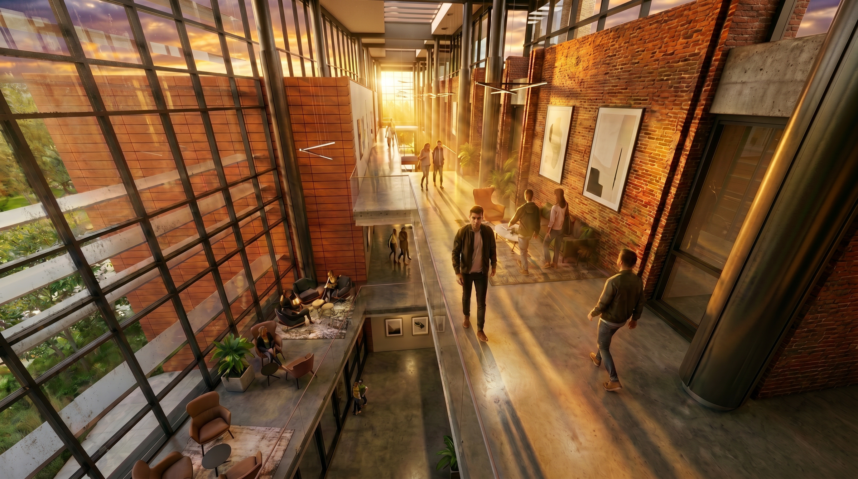 Interior rendering of the proposed Roger Bacon Hall Addition at Siena University, designed with architecture+. The multi‑level space features expansive glass windows, exposed brick, polished concrete floors, and open walkways that frame light‑filled collaborative zones. Comfortable seating, greenery, and contemporary artwork create a welcoming environment that supports interdisciplinary exchange and modern, technology‑enabled learning.