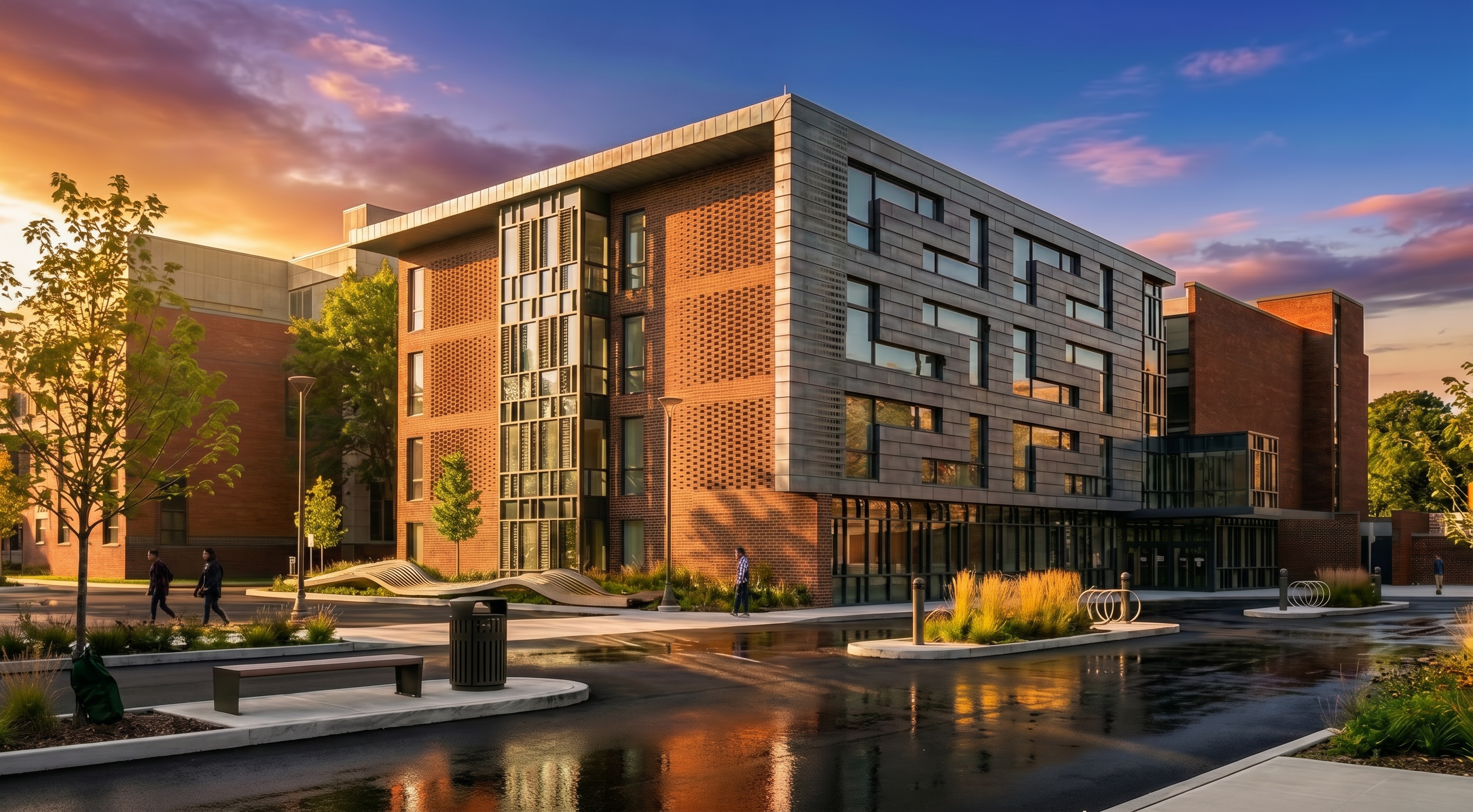 Exterior rendering of the proposed Roger Bacon Hall Addition at Siena University, designed with architecture+. The concept shows a modern academic building with patterned brickwork, vertical metal panels, and expansive glass windows set within landscaped campus paths, benches, and bike racks. Captured at sunset with reflections on the wet pavement, the design emphasizes clean contemporary lines, flexible learning environments, and transparent collaborative spaces that integrate with the university