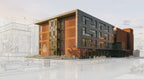 Architectural rendering of the proposed Roger Bacon Hall Addition for Siena University, designed with architecture+. The image combines a realistic 3D visualization with hand‑drawn contextual sketches, highlighting a contemporary academic building with patterned brick, vertical windows, and metal panel façades. The concept emphasizes flexible, technology‑enabled learning spaces, transparent collaborative hubs, and clean modern lines that integrate seamlessly with the traditional campus fabric.