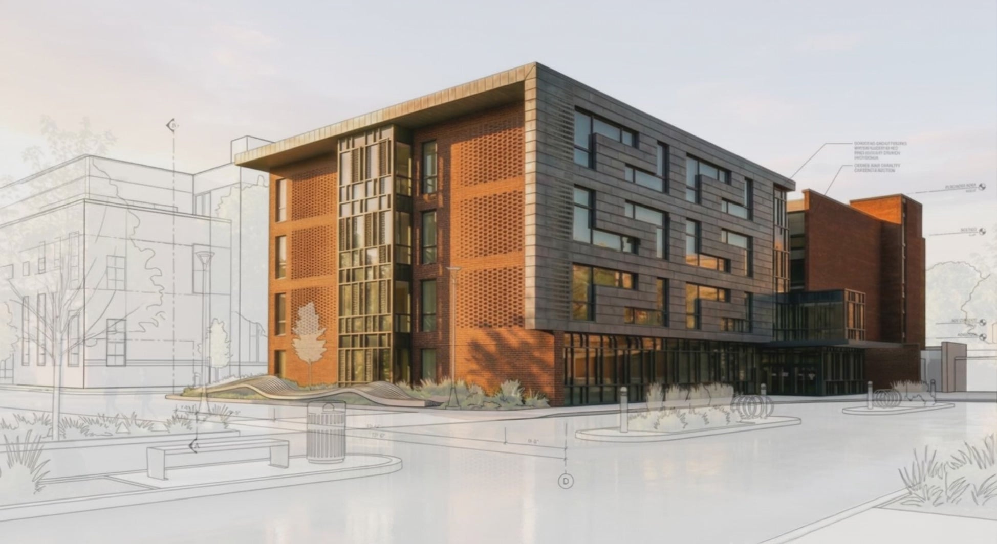 Architectural rendering of the proposed Roger Bacon Hall Addition for Siena University, designed with architecture+. The image combines a realistic 3D visualization with hand‑drawn contextual sketches, highlighting a contemporary academic building with patterned brick, vertical windows, and metal panel façades. The concept emphasizes flexible, technology‑enabled learning spaces, transparent collaborative hubs, and clean modern lines that integrate seamlessly with the traditional campus fabric.
